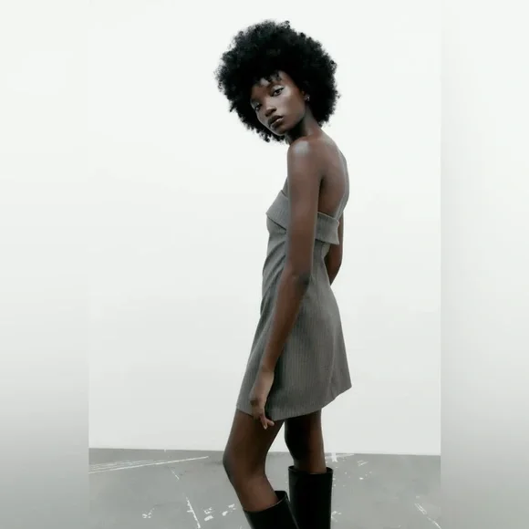 NWT Zara Strapless Bandeau Pinstripe Mini Dress Gray - Picture 7 of 7